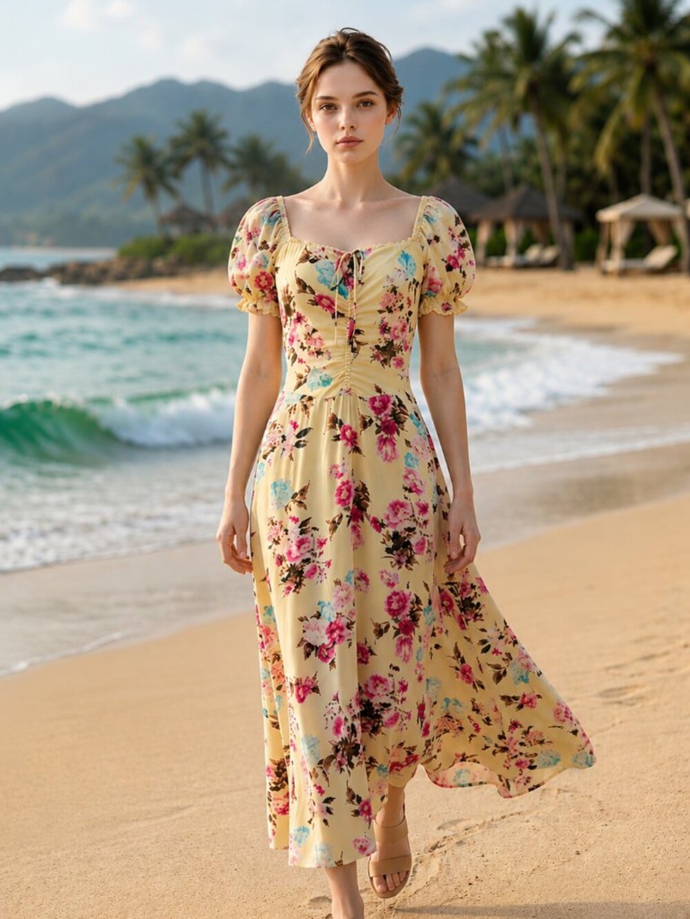 NWT Anthropologie Yellow Floral Square Neck Midi Dress Size S